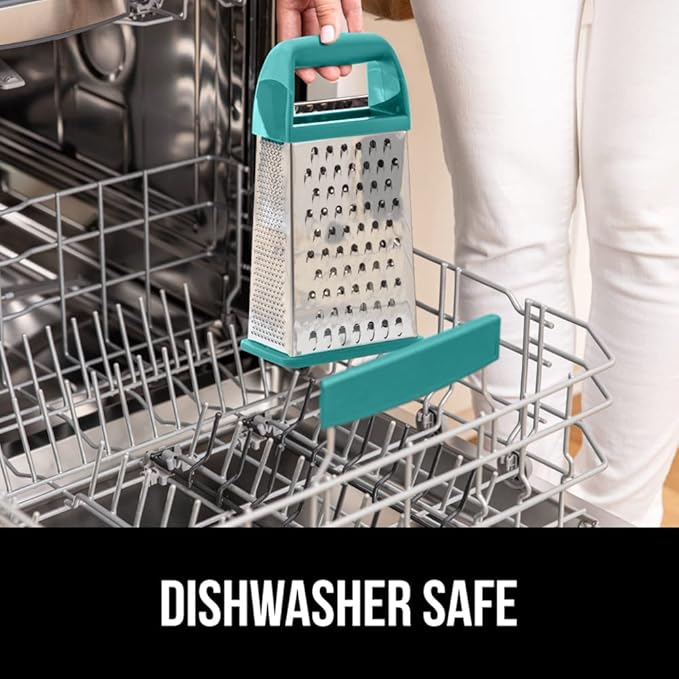GORILLA GRIP 4-Sided Stainless Steel Cheese Grater With Container, 100% BPA-Free Box Grater, Slip Resistant Base and Handle, Grate Parmesan, Hard Cheeses, Shred Veggies, Dishwasher Safe, Turquoise
