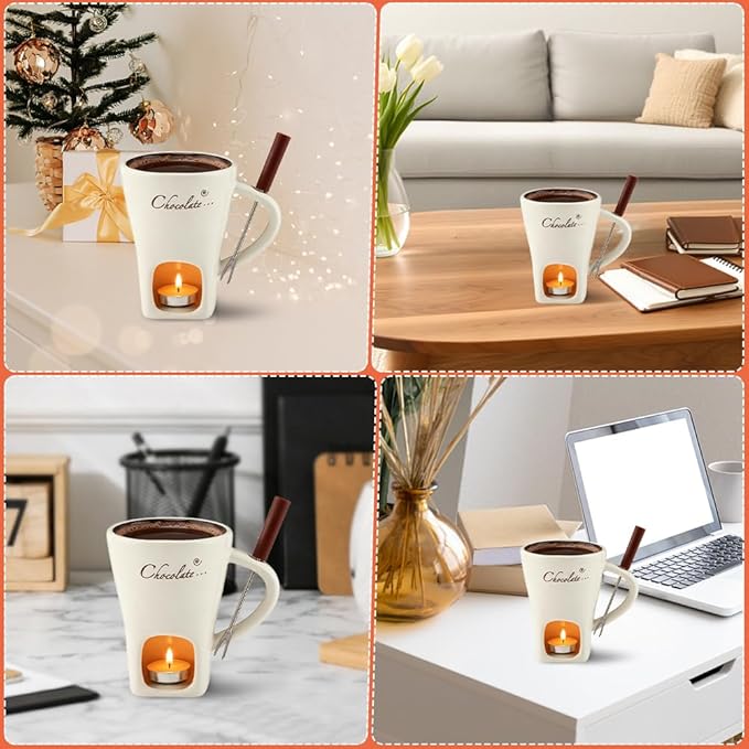 Chocolate Fondue Mugs, Chocolate Melting Cup Set with Forks Candle Warmer, Mini Ceramic Coffee Warmer Mug, Fondue Cups With Forks For Date Night Birthday Wedding Gifts(White)