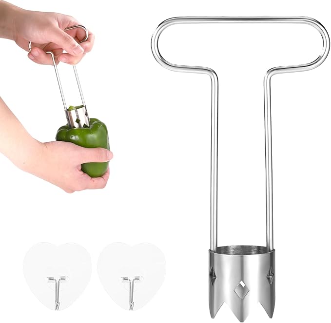 Red Bell Pepper Seed Corer, 6.3x3.74in Stainless Steel Multifunctional Fruit and Vegetable Core Remover with 2pcs Heart-Shaped Hooks Kitchen Gadget for Fruit and Vegetable Deseeding