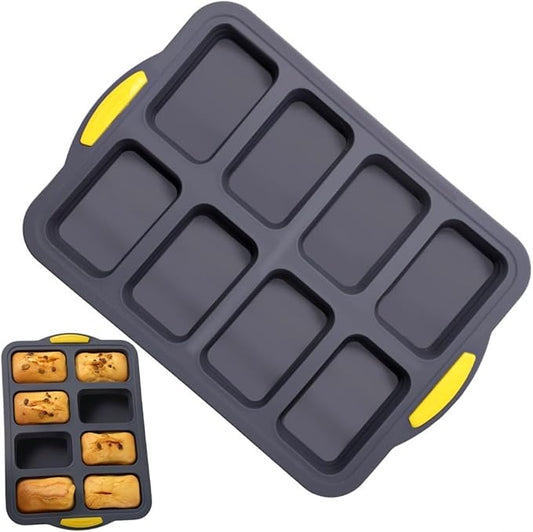 Stainless Steel Frame Silicone Loaf Pan with 8 Cavities, Non-Stick Baking Tray for Bread, Brownies, Muffins and Cheesecake