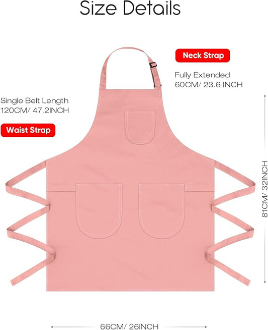 Unisex Apron with Pockets for Cooking, Salon & Art - 100% Cotton Adult Kitchen, Chef, Stylist Apron (Pink)