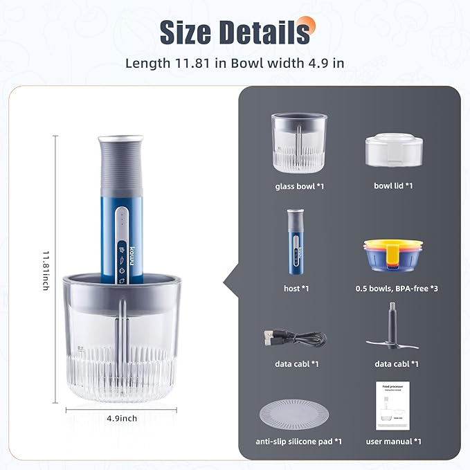 Kawu Electric Meat Grinder, Portable Food Vegetable Chopper with 1 Glass Bowl & Small Bowls, USB Rechargeable Mini Food Processor with Stainless Steel Blades, Meat Chopper Cutter for Home and Kitchen
