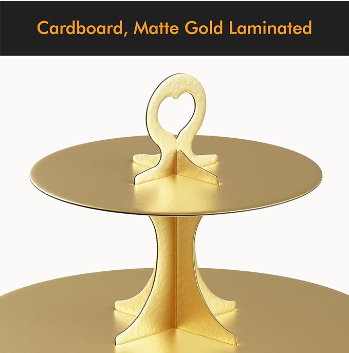 Cupcake Stand Tower 2 Pack, BLISSUR Gold Cupcake Stand, 3 Tier Cup Cake Stand Cardboard Matte Golden (Cardboard Gold, 2 Pack)