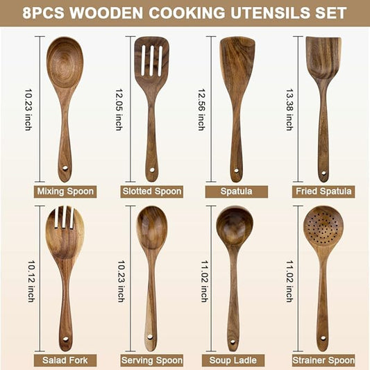Premium 8-Piece Teak Wood Cooking Utensil Set - Heat Resistant, Lightweight & Sturdy Wooden Spoons for Non-Stick Cookware - Ideal for Cooking, Stirring & Serving