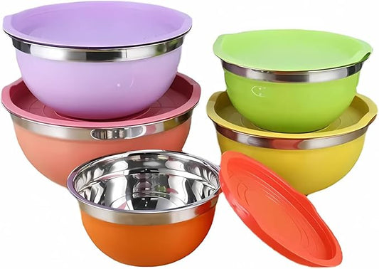 5-Piece Colorful Stainless Steel Mixing Bowls with Matching Non-Airtight Lids – Nesting Stackable Design for Cooking, Baking, Meal Prep & Food Storage – Durable, Easy-Clean Kitchen Set