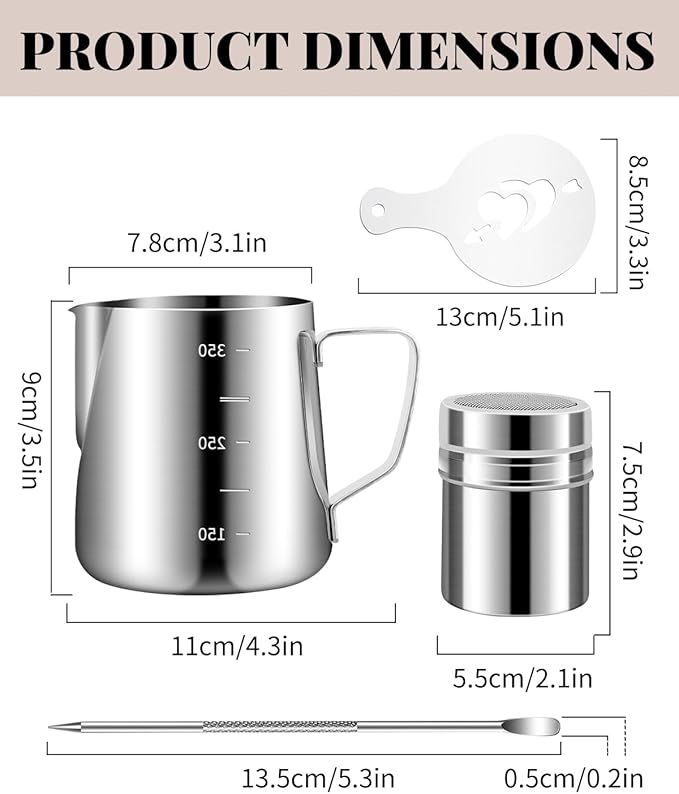 Milk Frothing Pitcher 350ml/12oz Steaming Pitchers Stainless Steel Milk Cappuccino Coffee with Decorating Art Pen, Powder Shaker, 16 Pieces Coffee Decorating Stencils