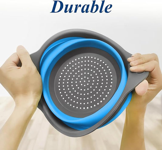 Collapsible Colander Set of 3, Space-Saving Foldable Strainer for Kitchen, 3 Sizes Food Strainer for Draining Pasta, Vegetable and Fruit, Kitchen Gadgets for Home Use and Outdoor Camping (Blue)