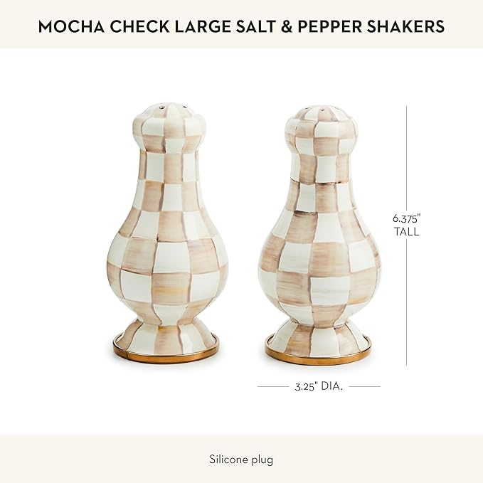 MACKENZIE-CHILDS Enamel Salt and Pepper Shakers, Kitchen Table Spice Shaker Set, Brown-and-White Mocha Check, Large
