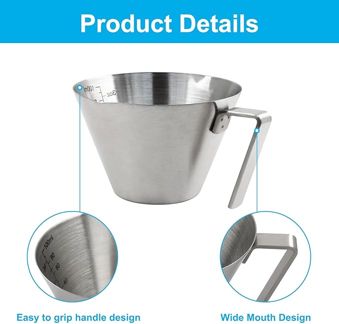 Piutouyar 100 ml / 3.4 oz Stainless Steel Espresso Cups, Double Spout Espresso Measuring Cup with Handle, Dual Scale Metal Espresso Shot Cup Pouring Cup
