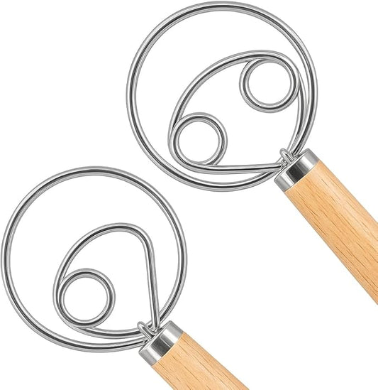 O'Creme Danish Dough Whisk Set of 2 - One Eye & Two Eyes Stainless Steel Bread Mixer with Wooden Handle - Sourdough Whisk for Baking Dough, Pizza, Pastries - Food-Grade, Dishwasher Safe
