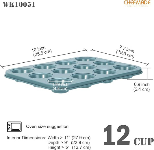 CHEFMADE Mini Muffin Cake Pan, Nonstick 12 Cavity Mini Muffin Bakeware Cupcake Pan for oven Baking（Green）