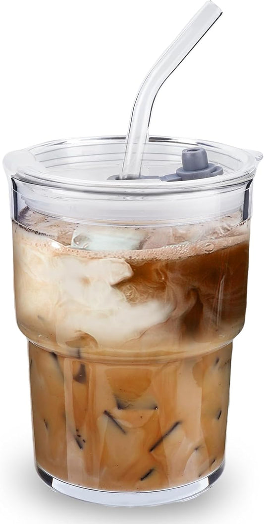 Glass Cups With Lids And Straws, Iced Coffee Cup,15Oz/450ml Iced Coffee Glasses Tumbler, Thick Wall Glass Mug For Tea Water, Matcha Cup Chirstmas Gifts (Clear,1PCS)