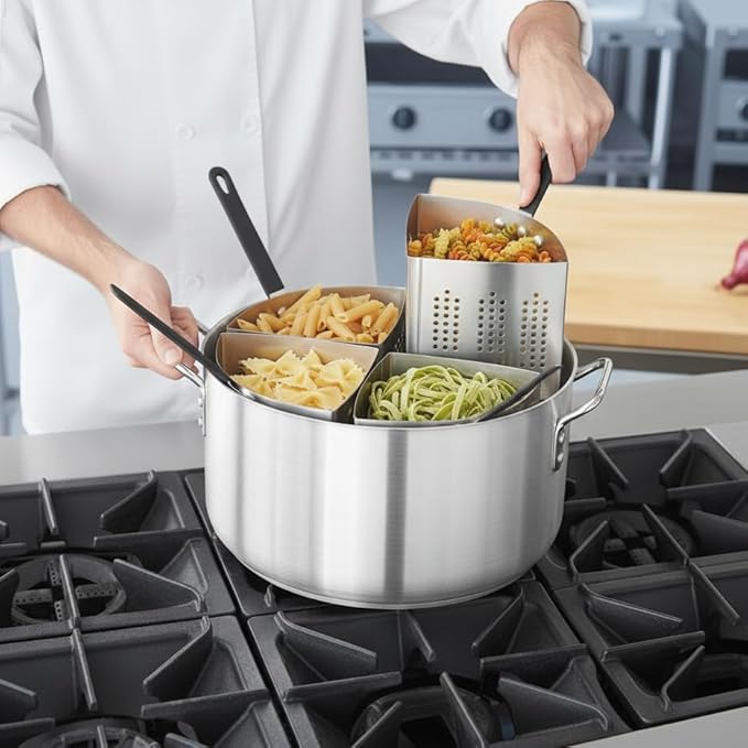 5 Qt. Stainless Steel Pasta Strainer Basket Wedge Inset with Black PVC Handle – Perforated 22 Gauge Steel, Fits 13 15/16”+ Pots, Individual Portion Cooking for Pasta, Vegetables & Seafood (1)