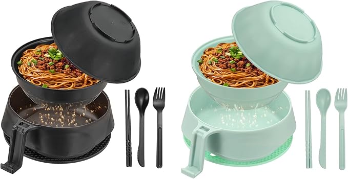 uxcell 2 Sets Microwave Ramen Bowl Set, Wheat Fiber Noodle Bowls Plastic Cooker with Lid Handle Fork Spoon Chopsticks for College Dorm Room Apartment, (Black/Green)