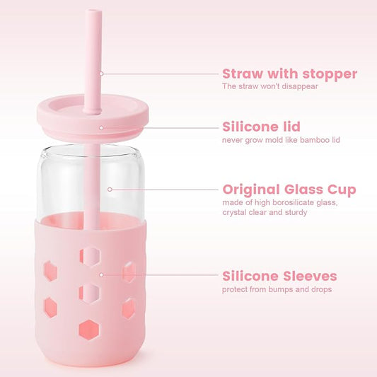 Glass Cups with Lids and Straws (4 Pcs), 16oz Drinking Glasses Set with Silicone Sleeves for Coffee Bar Accessories Iced Coffee Cups with Lids, Glass Tumbler Reusable for Gifts