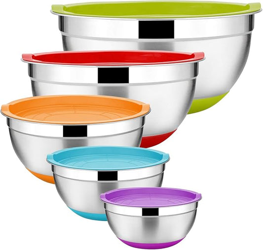 E-far Stainless Steel Mixing Bowls Set of 5, Size 7/3.5/2.5/1.5/1 QT, Metal Nesting Bowls with Colorful Airtight Lids & Non-Slip Bottoms, Great for Kitchen Cooking, Baking, Serving, Food Prep