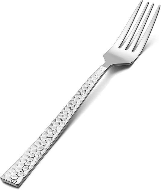 Salad Forks Set of 6, E-far 6.7 Inch Stainless Steel Hammered Dessert Forks for Home, Kitchen or Restaurant, Non-toxic & Mirror Polished, Squared Edge & Dishwasher Safe