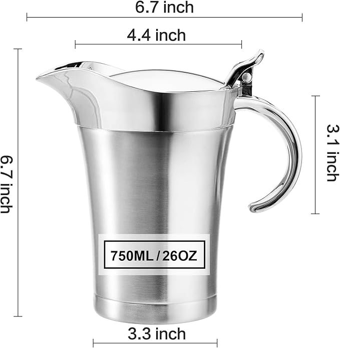 Gravy Boat Stainless Steel Double Insulated Sauce Jug with Hinged Lid, Perfect for Serving Jars of Gravy or Cream for Thanksgiving, Halloween, Christmas (750ML-25oz -Sliver）