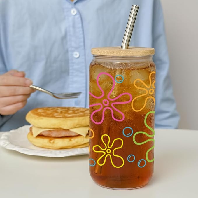Yellow Cartoon Bubbles Glass Cups Gifts foe Women,Daughter,Friend,Ocean Bubbles and Flowers Glass Tumbler with Bamboo Lid and Straw,Birthday Thanksgiving,Christmas Gifts