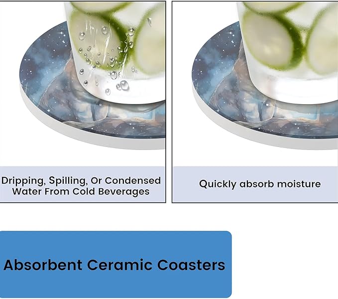 Round Coasters Set of 2, Starry White Cat Absorbent Ceramic Coaster with Cork Base, Bar Coasters for Drinks Coffee Mugs Tea Cups Wine Glasses Home Decor Gifts (4 inches)