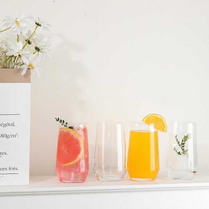 Drinking Glasses Set of 4, 16.4 oz Clear Glass Tumbler, Water Glasses for Beer, Juice, Mojito, Iced Tea, Dishwasher Safe Glassware,Gifts