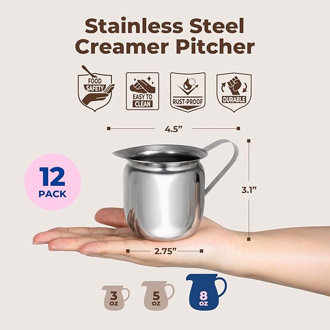 Fit Meal Prep [12 Pack] 8 oz Creamer Pitcher - Stainless Steel Bell Creamers, Mini Cup Container for Serving Milk, Coffee Cream, Salad Dressing, Maple Syrup, Espresso Machine for Restaurant, Cafes