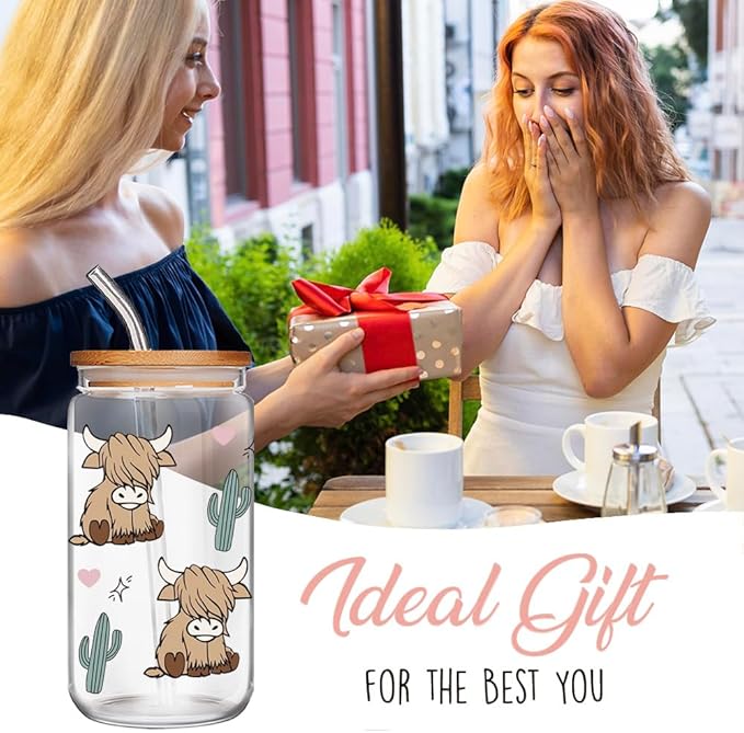 Highland Cow Cup Gifts for Women, Cute Cows Themed Stuff 16 oz Glass Cups with Lids and Straws, Highland Cow Christmas Birthday Gifts for Coffee Lovers, Women, Cowgirls, Girls, Mom-5