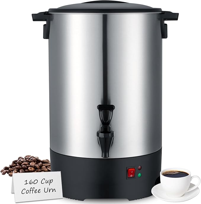 Large Commercial Coffee Urn 160 Cup Percolate Coffee Maker Stainless Steel Hot Beverage Dispenser with Cool-Touch Handles, Quick Brewing for Catering, Business, Church, Restaurant, Wedding, Gathering