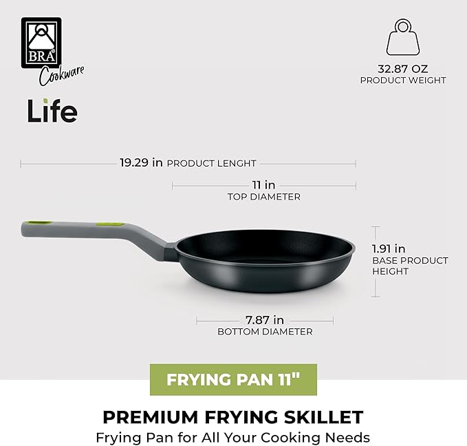 BRA COOKWARE Life Ceramic Nonstick Frying Pan | 11 Inch Recycled Cast Aluminum Skillet | Ceramic Non-Stick Fry Pan | PFOA Free Searing Skillet | All Cooktops (incl. Induction) | Soft-Touch Handle