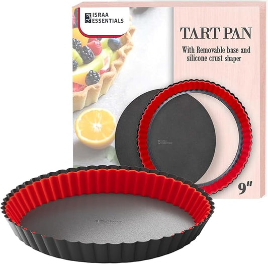 ISRAA ESSENTIALS Fluted Tart Pan 9 inch Removable Bottom-Round Oreo Tart Pan with Crust Shaper Ring-Nonstick Carbon Steel Tart Molds for Baking, Fruit Tart, Pies & Quiche Baking Dish