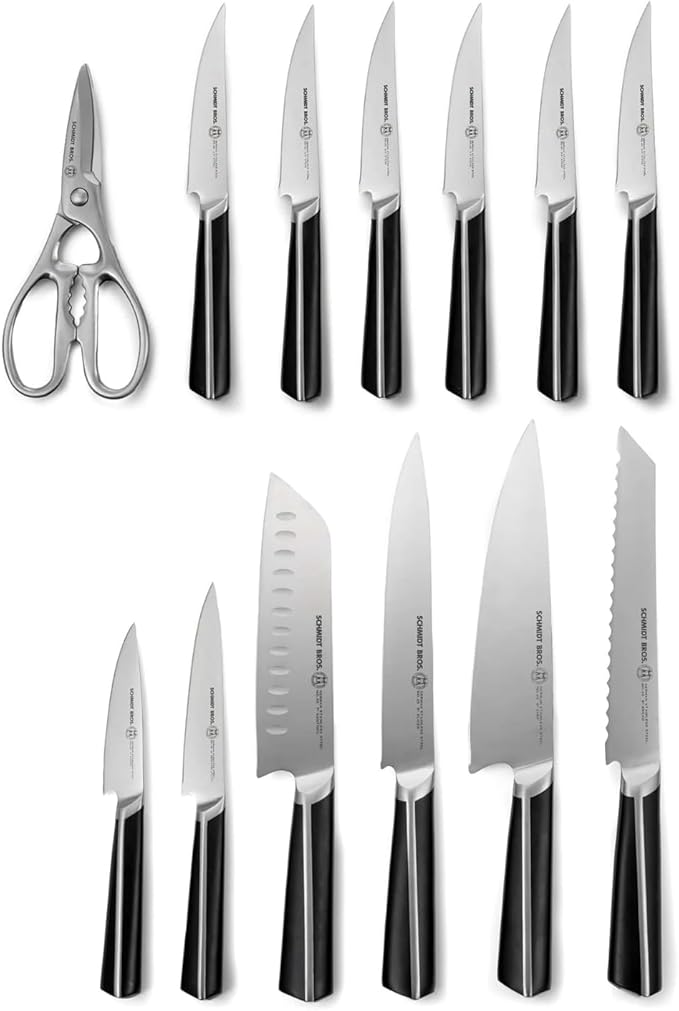 Schmidt Brothers -Highline- 14-Piece Knife Set, High-Carbon Stainless Steel Cutlery With Ebony-Stained Wood And Built-In Two Stage Sharpener Knife Block