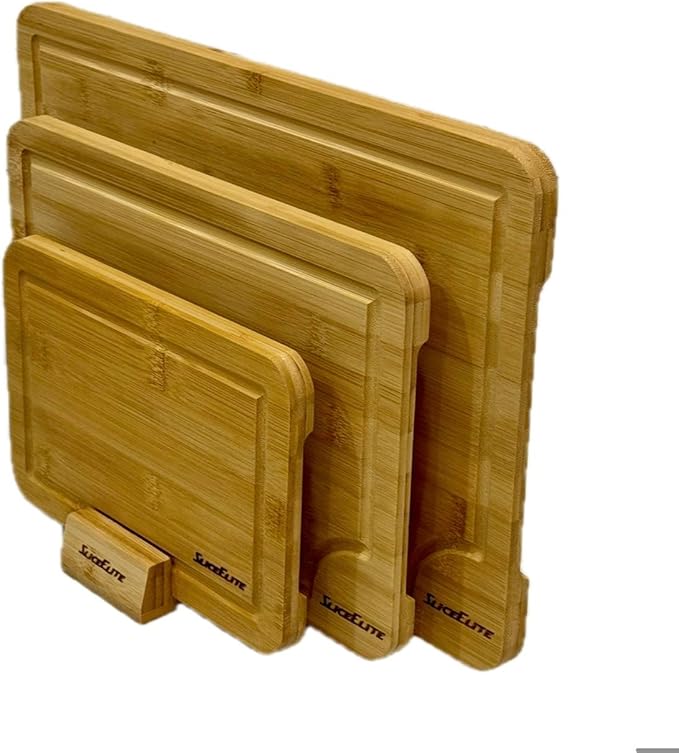 SliceElite Bamboo Cutting Board Set of 3 with Holding Rack and Silicone Feet Non Slip Storage Organizer with Handles Juice Grooves Space Saving Countertop Kitchen Wood Prep Boards Wooden Chopping