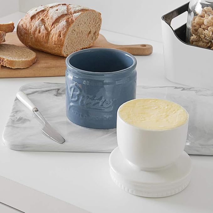 DOWAN Porcelain Butter Keeper Crock, French Butter Dish with Lid, Embossed Butter Container for Soft Butter, Big Capacity & Humanized Water Line, Airy Blue