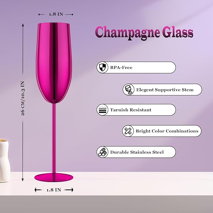 Stainless Steel Champagne Flutes Set of 4-Wedding &Birthday Gifts,8.5 Oz Unbreakable Champagne Glass with Long Stem,Reusable Indoor Outdoor Drinkware (Purple)