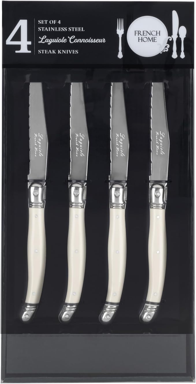 French Home Laguiole Connoisseur 4-Piece Steak Knife Set – Stainless Steel with Ivory-Colored Handles, Etched Detailing & Napoleon Bee Emblem – Serrated Knives for Smooth Cutting (9.25")