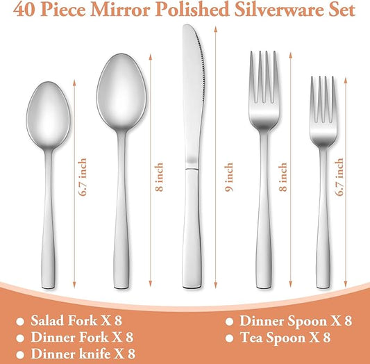40 Pcs Silverware Set, Stainless Steel Flatware Set for 8, Food-Grade Cutlery Set, Mirror Polished Tableware Eating Utensils Set for Home Kitchen, Include Knife Fork Spoon Set, Dishwasher Safe