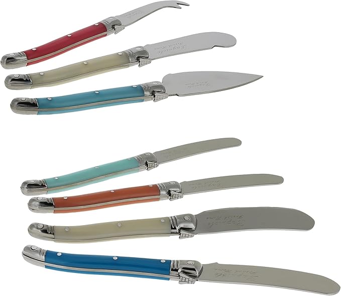 French Home Laguiole 7-Piece Cheese Knife Set - Includes Stainless Steel Spade, Spear Knife, Soft Cheese Knife & 4 Spreaders with Three-Rivet Curved Coral & Turquoise Handle and Bee Emblem