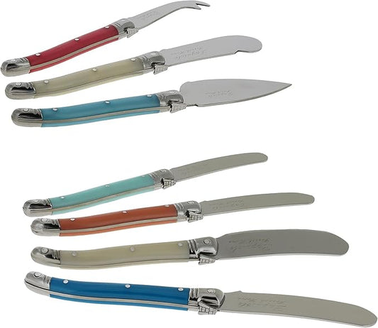 French Home Laguiole 7-Piece Cheese Knife Set - Includes Stainless Steel Spade, Spear Knife, Soft Cheese Knife & 4 Spreaders with Three-Rivet Curved Coral & Turquoise Handle and Bee Emblem
