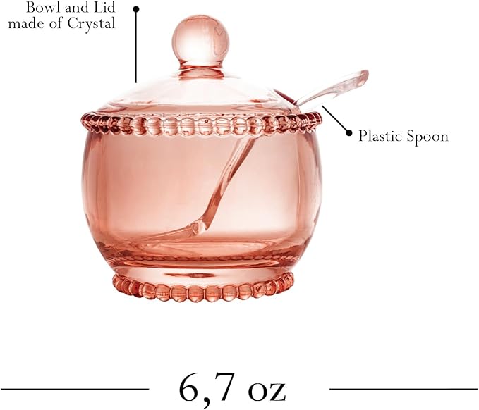 WOLFF - Pearl Crystal Beaded Sugar Bowl with Lid and Spoon - Sugar Holder, Dish for Candy Dispenser, Salt and Condiments Container, Jelly Jar (Pink, Sugar Bowl)