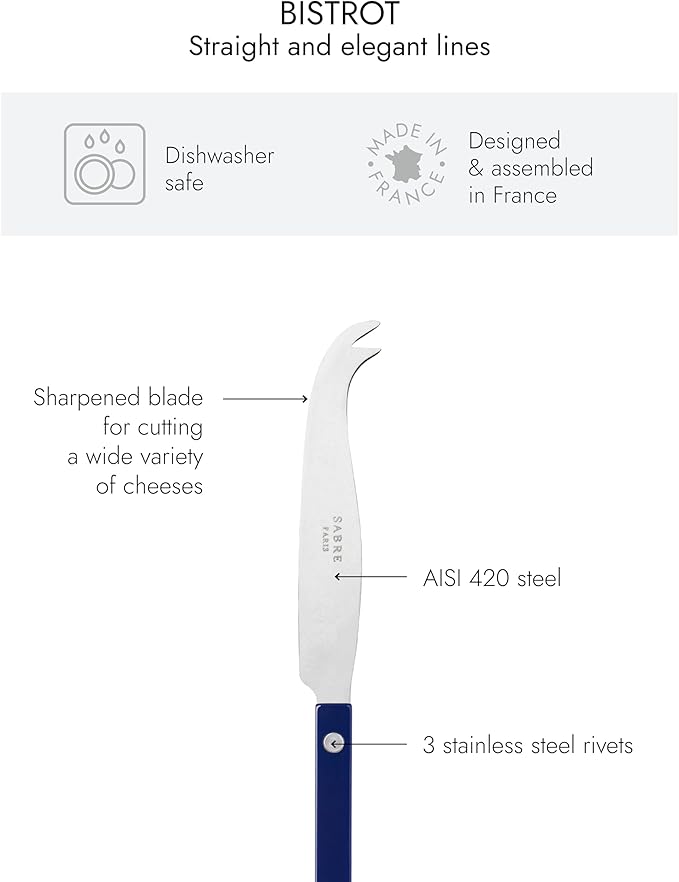 SABRE PARIS - Cheese Knife 9.4 inches - Bistrot Vintage Collection - All Cheeses - Stainless Steel & Nylon - Dishwasher Safe - Navy Blue - Mat Finish