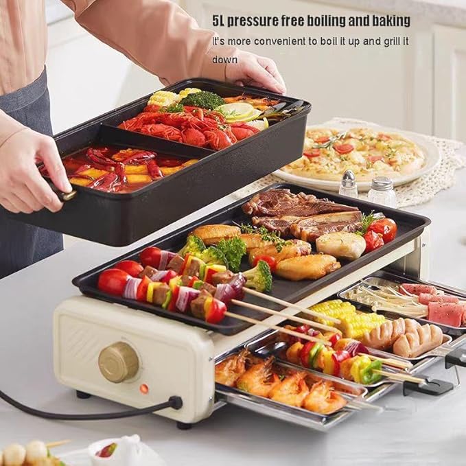 5L Electric Hot Pot Grill, Indoor Smokeless Multi-Layer BBQ and Boiling Cooker with Baking Tray, Large Capacity for 1-8 People, Mandarin Duck Double Flavor Design