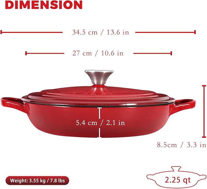 Flavehc Braiser Enameled Cast Iron Braiser 2.25 qt Braiser Pan with Lid Red Shallow Cast Iron Casserole Braiser Pan with Handels