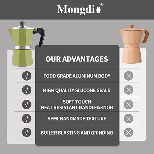 Mongdio Stovetop Espresso Maker Moka Pot, Stove Top Cuban Coffee Maker, Italian Greca Mocha Pot, 6 Espresso Cups, 10 oz - Green