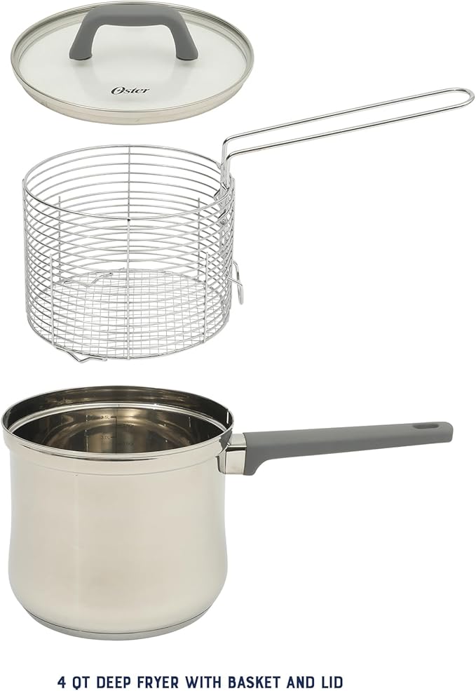 Oster Beauford 3.65-Quart Stainless Steel Deep Fryer Pot with Basket & Glass Lid – Induction, Oven & Dishwasher Safe, 5-Ply Encapsulated Base, Soft-Touch Handle