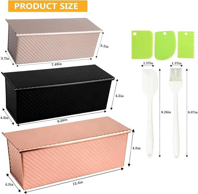 YURTKUMAS 3 Pack Set Pullman Loaf Pan with Lids, 2.2 lb & 1 lb & 0.8 lb Dough Capacity,Non-Stick Sandwich Bread Loaf Pan for Homemade Baking Bread