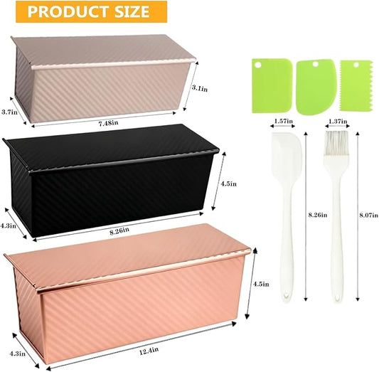 YURTKUMAS 3 Pack Set Pullman Loaf Pan with Lids, 2.2 lb & 1 lb & 0.8 lb Dough Capacity,Non-Stick Sandwich Bread Loaf Pan for Homemade Baking Bread