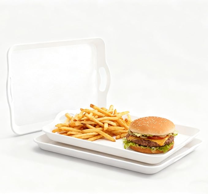 Cedilis 3 Pack Serving Trays with Handles, 16 x 11IN Food Serving Tray, Rectangular Plastic Stackable Tray for Restaurant, Parties, Coffee Table, Kitchen (White)