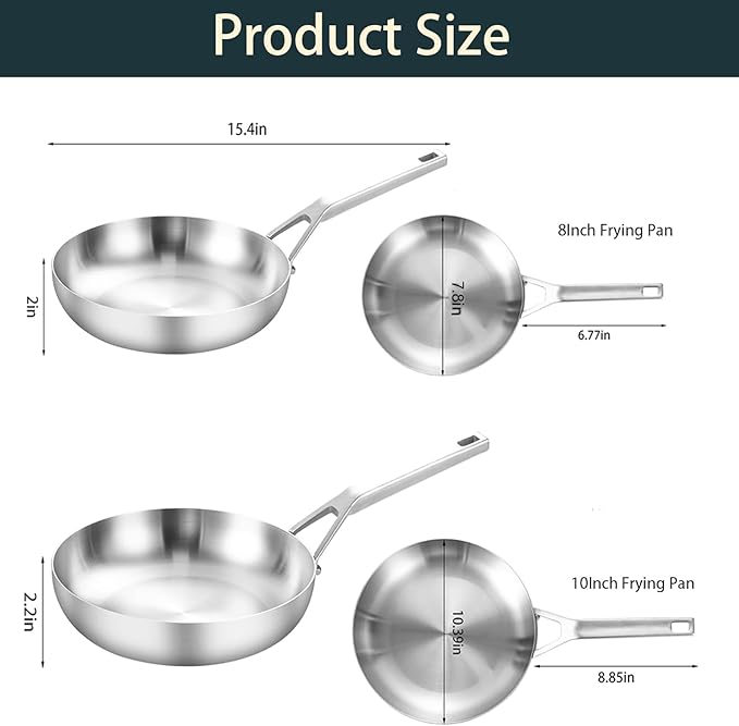 Yeksum Tri-Ply Stainless Steel Frying Pan Set, 8 Inch and 10Inch, Skillet set, Durable, Cooking Pan 8" 10", Induction Ready Egg Pan, Compatible with All Cooktops Up to 600℉