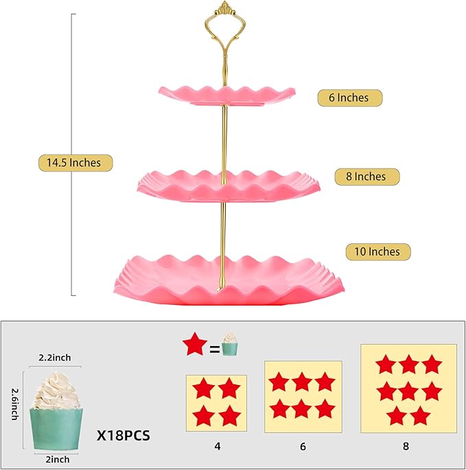 Dessert Cupcake Stand, 3 Tier Cup Cake Holder Tower for Tea Party/Birthday/Wedding, Plastic Tiered Serving Tray with Metal Rod, Pink