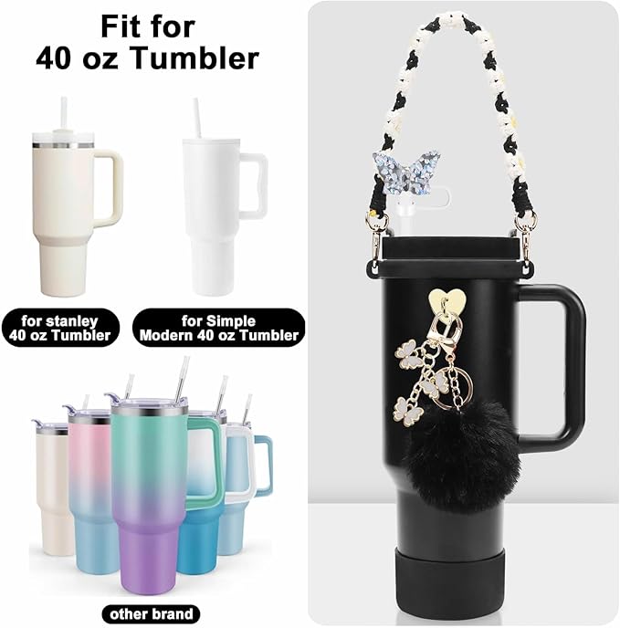 Accessories Set Including Water Bottle Handle Strap, Silicone Boot, Resin Butterfly Straw Cover, Straw Topper, Lip Balm Sleeve, Butterfly & Hairball Charms for Stanley Cup Tumbler